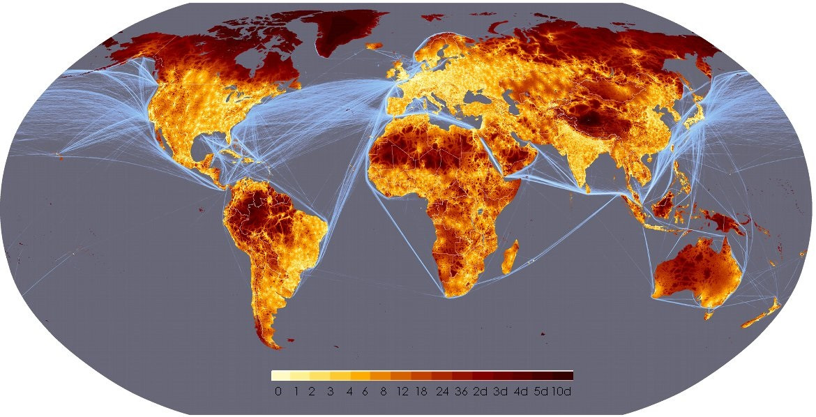 Travel time to major cities (in hours and days) (Nelson 2008)